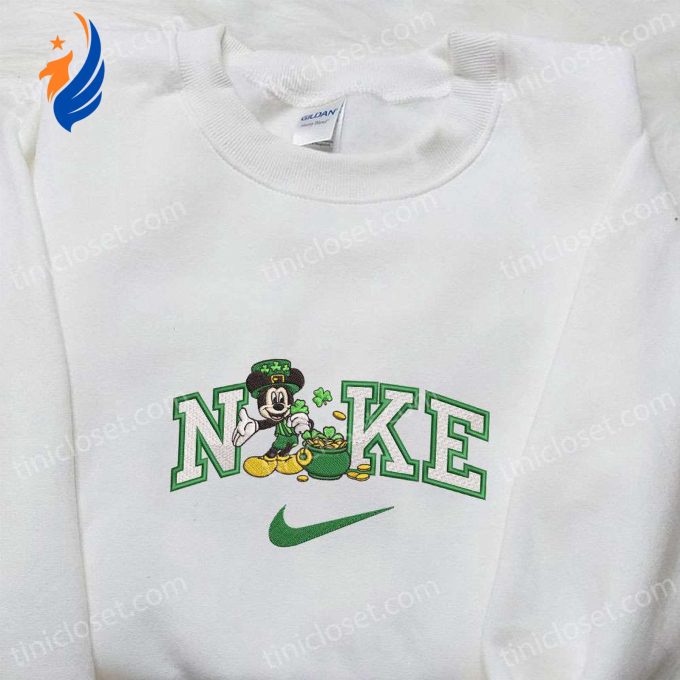 Mickey with Shamrock Gold Pot x Nike Embroidered Shirt Disney Characters Shirt St Patrick s Day Hoodie