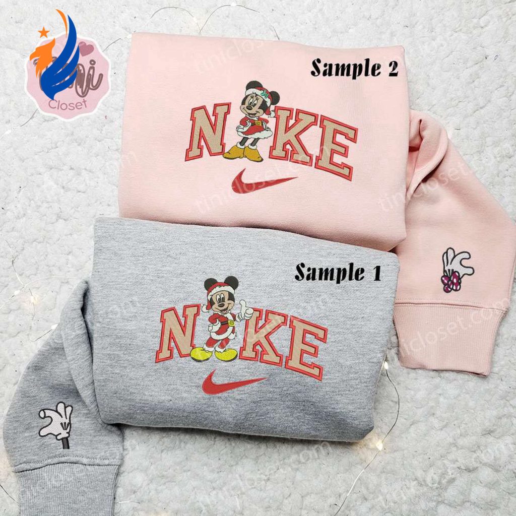 Minnie & Mickey Santa x Nike Couple Shirt Disney Characters Hoodie Christmas Sweatshirt: Festive Embroidered Collection Minnie & Mickey Santa x Nike Couple Shirt Disney Characters Hoodie Christmas Sweatshirt: Festive Embroidered Collection