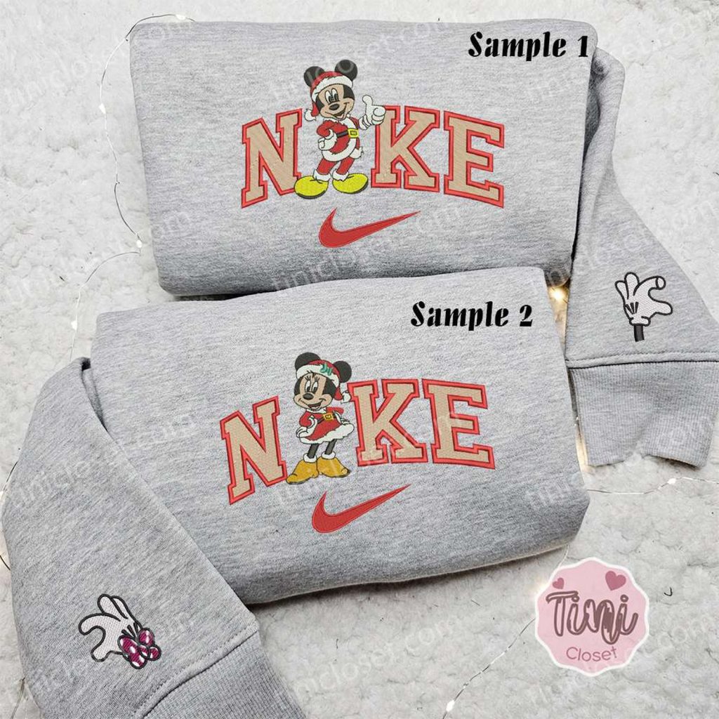 Minnie & Mickey Santa x Nike Couple Shirt Disney Characters Hoodie Christmas Sweatshirt: Festive Embroidered Collection Minnie & Mickey Santa x Nike Couple Shirt Disney Characters Hoodie Christmas Sweatshirt: Festive Embroidered Collection