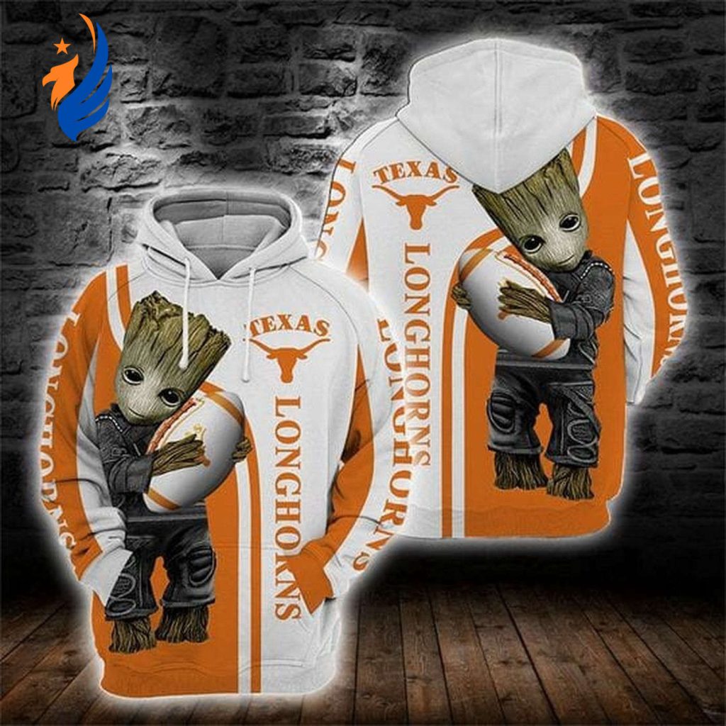 NCAA Texas Longhorns Baby Groot White Orange Pullover Hoodie AOP Shirt NCAA Texas Longhorns Baby Groot White Orange Pullover Hoodie AOP Shirt