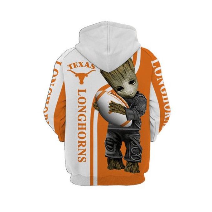 NCAA Texas Longhorns Baby Groot White Orange Pullover Hoodie & Zip Up Hoodie AOP Shirt
