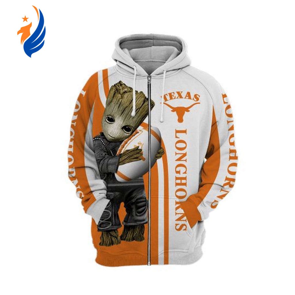 NCAA Texas Longhorns Baby Groot White Orange Zip Up Hoodie AOP Shirt NCAA Texas Longhorns Baby Groot White Orange Zip Up Hoodie AOP Shirt