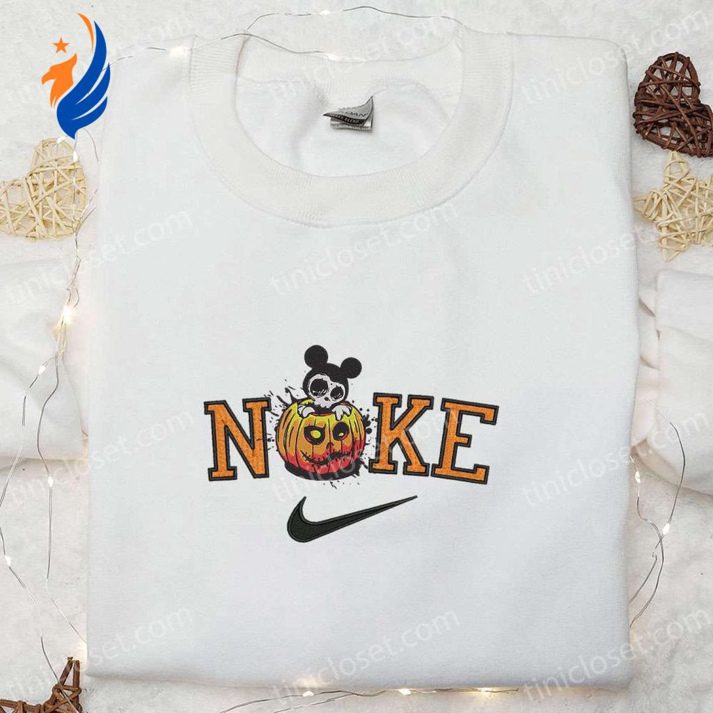 Spooktacular Nike x Disney Halloween Embroidered Shirt: Mickey Pumpkin Design & Nike Inspired Style Spooktacular Nike x Disney Halloween Embroidered Shirt: Mickey Pumpkin Design & Nike Inspired Style