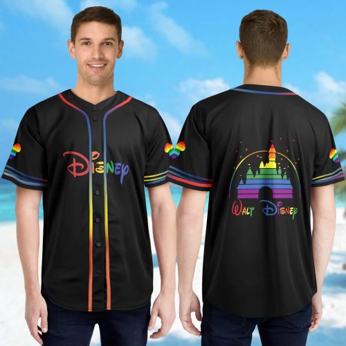 Custom Mickey Mouse Pride Baseball Jersey – LGBTQ Rainbow Design Personalized with Name for Magic Kingdom Trip