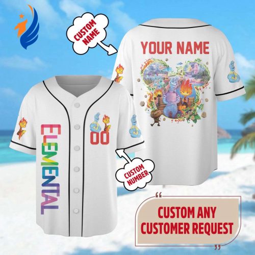 Custom Mickey Head Jersey: Elemental Baseball Team Shirt for Cartoon Family Trip Ember Wade & Magic Kingdom – Personalized!