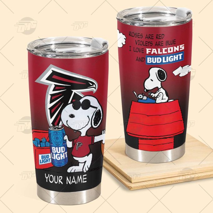 Personalized NFL Atlanta Falcons Tumbler Snoopy BUD LIGHT Beer Lover Stainless Steel Tumbler 20oz 30oz