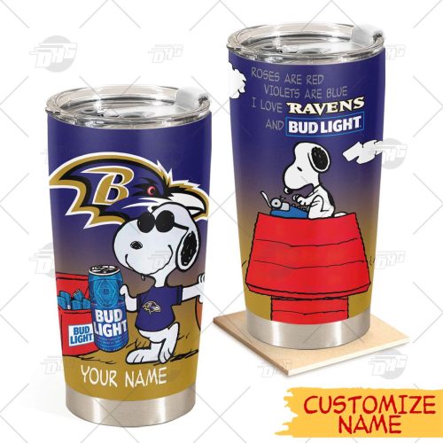 Personalized NFL Baltimore Ravens Tumbler Snoopy BUD LIGHT Beer Lover Stainless Steel Tumbler 20oz 30oz