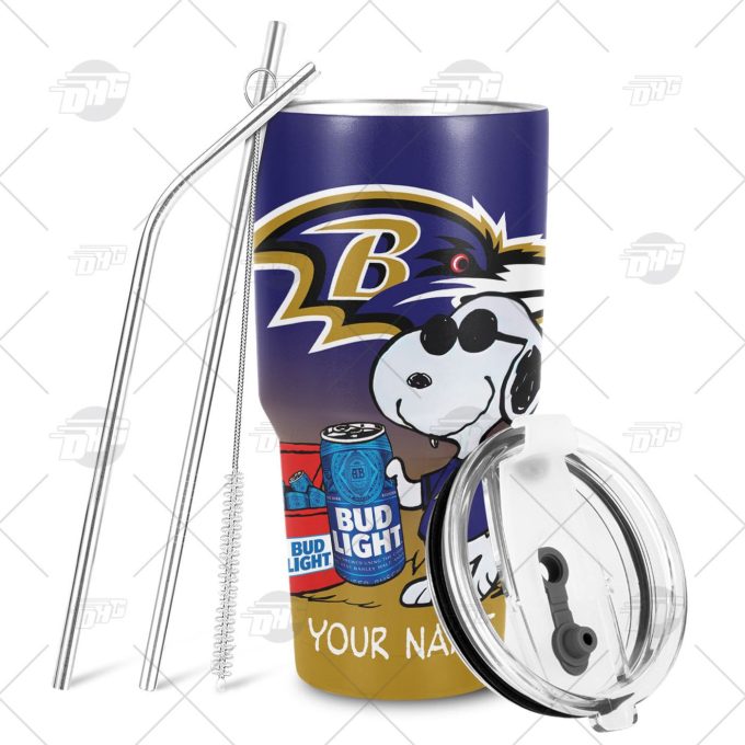 Personalized NFL Baltimore Ravens Tumbler Snoopy BUD LIGHT Beer Lover Stainless Steel Tumbler 20oz 30oz
