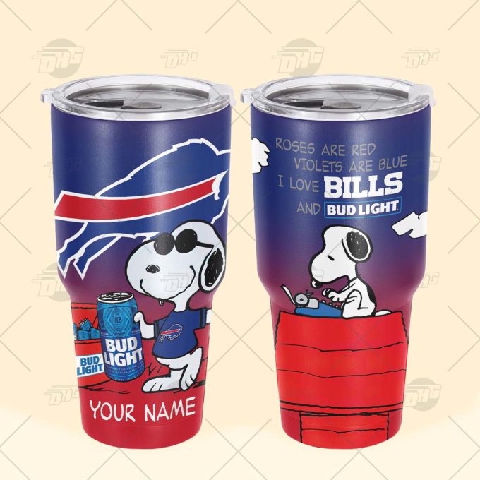 Personalized NFL Buffalo Bills Tumbler Snoopy BUD LIGHT Beer Lover Stainless Steel Tumbler 20oz 30oz