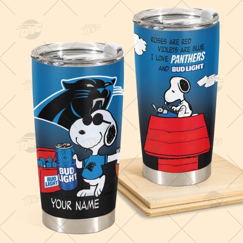 Personalized NFL Carolina Panthers Tumbler Snoopy BUD LIGHT Beer Lover Stainless Steel Tumbler 20oz 30oz