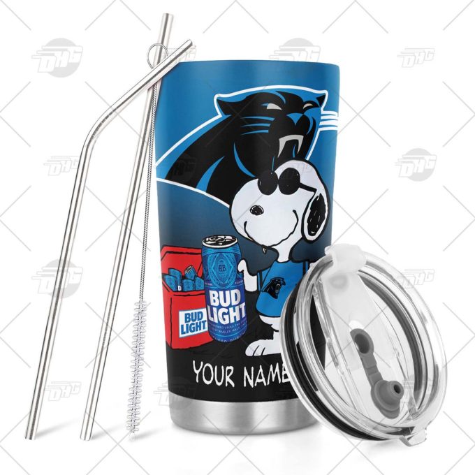 Personalized NFL Carolina Panthers Tumbler Snoopy BUD LIGHT Beer Lover Stainless Steel Tumbler 20oz 30oz