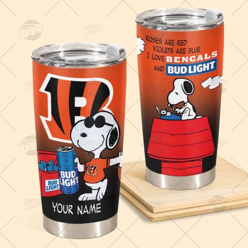 Personalized NFL Cincinnati Bengals Tumbler Snoopy BUD LIGHT Beer Lover Stainless Steel Tumbler 20oz 30oz