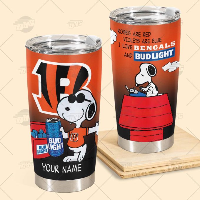 Personalized NFL Cincinnati Bengals Tumbler Snoopy BUD LIGHT Beer Lover Stainless Steel Tumbler 20oz 30oz