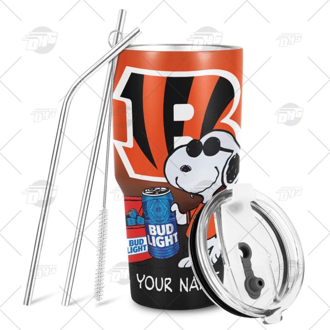 Personalized NFL Cincinnati Bengals Tumbler Snoopy BUD LIGHT Beer Lover Stainless Steel Tumbler 20oz 30oz