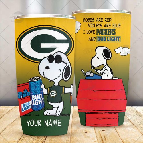 Personalized NFL Green Bay Packers Tumbler Snoopy BUD LIGHT Beer Lover Stainless Steel Tumbler 20oz 30oz