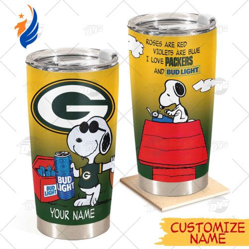 Personalized NFL Green Bay Packers Tumbler Snoopy BUD LIGHT Beer Lover Stainless Steel Tumbler 20oz 30oz
