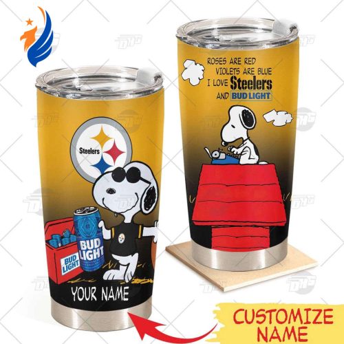 Personalized Pittsburgh Steelers Tumbler Snoopy BUD LIGHT Beer Lover Stainless Steel Tumbler 20oz 30oz