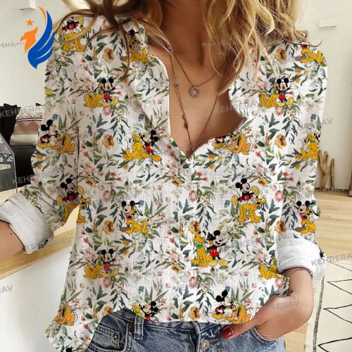 Stylish Pluto & Mickey 3D All-over Print Linen Shirt: Casual Long Sleeve Button Down for Women - Blouses