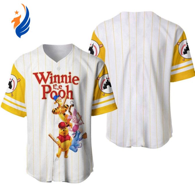 Playful Pooh Tigger Piglet Eeyore Baseball Jersey – All-Over Print Pinstripe Design Playful Pooh Tigger Piglet Eeyore Baseball Jersey – All-Over Print Pinstripe Design