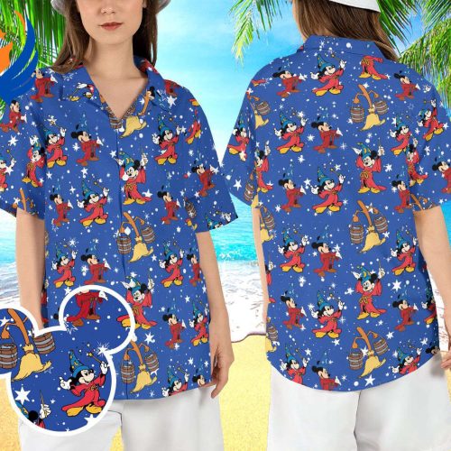 Sorcerer Mickey Hawaiian Shirt: WDW & Disneyland Aloha Magic Kingdom & Fantasia Wizard Button-Up