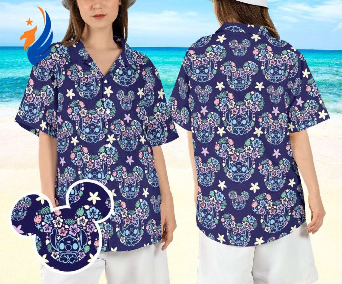 Stitch Mickey Ears Hawaiian Shirt: Tropical Beach & Hibiscus Aloha Disneyland Lover Button Up Stitch Mickey Ears Hawaiian Shirt: Tropical Beach & Hibiscus Aloha Disneyland Lover Button Up