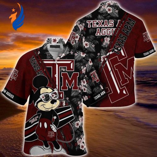 Shop Texas A&M Aggies Hawaiian Shirt with Mickey and Floral Pattern – Perfect for Summer NCAA Fans!