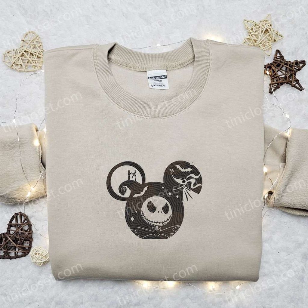 Spooky Nightmare Before Christmas Jack Sally Skeleton x Mickey Embroidered Shirt: Perfect Disney Halloween Gift for Family Spooky Nightmare Before Christmas Jack Sally Skeleton x Mickey Embroidered Shirt: Perfect Disney Halloween Gift for Family