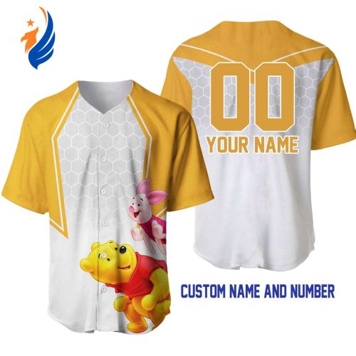 Get Stylish with Winnie the Pooh Piglet Honey Golden Baseball Jersey – Perfect for Fans of the Classic Cartoon!