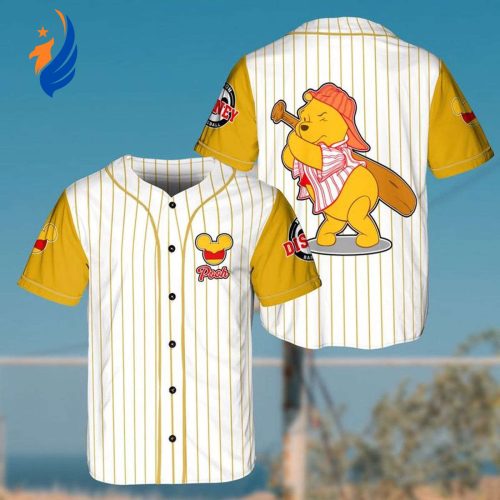 Winnie the Pooh Disney Cartoon All Over Print Baseball Jersey - Catcher Design Pinstripe Graphic