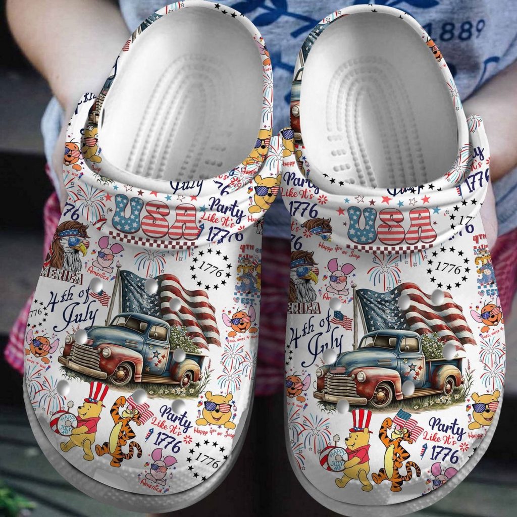 Winnie The Pooh And Frieds On USA Independence Day White Clogs For Kids And Adutls Winnie The Pooh And Frieds On USA Independence Day White Clogs For Kids And Adutls