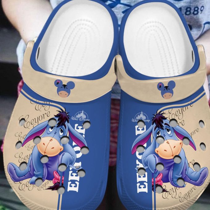 Winnie The Pooh Cute Worry Eeyore Blue And Beige Clogs For Kids And Adults