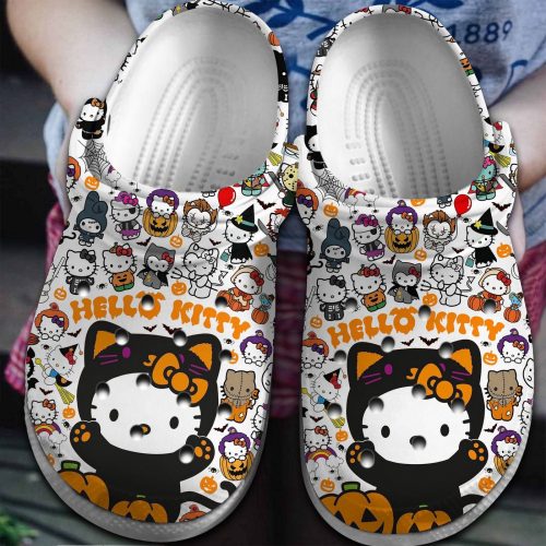 Halloween Hello Kitty And Pumkins White Clogs For Kids And Adults