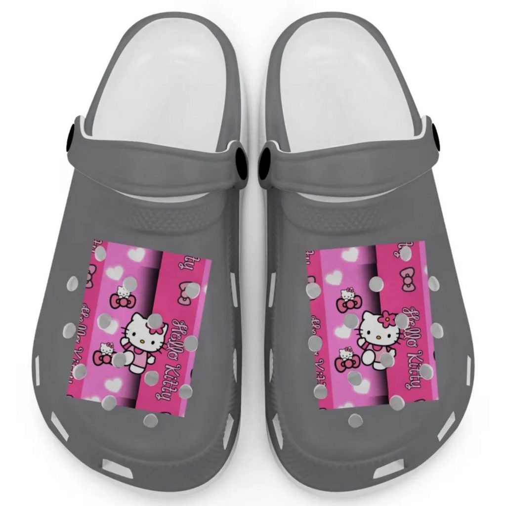 Hello Kitty Pink Stripes Grey Clogs For Kids And Adults Hello Kitty Pink Stripes Grey Clogs For Kids And Adults