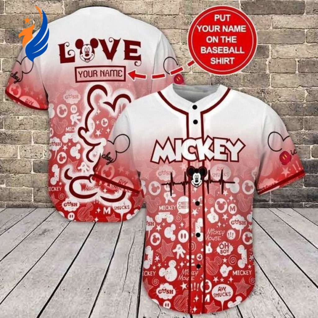 Personalized Red and White Mickey Baseball Jersey – Perfect Gift for Your Loved One! Personalized Red and White Mickey Baseball Jersey – Perfect Gift for Your Loved One!