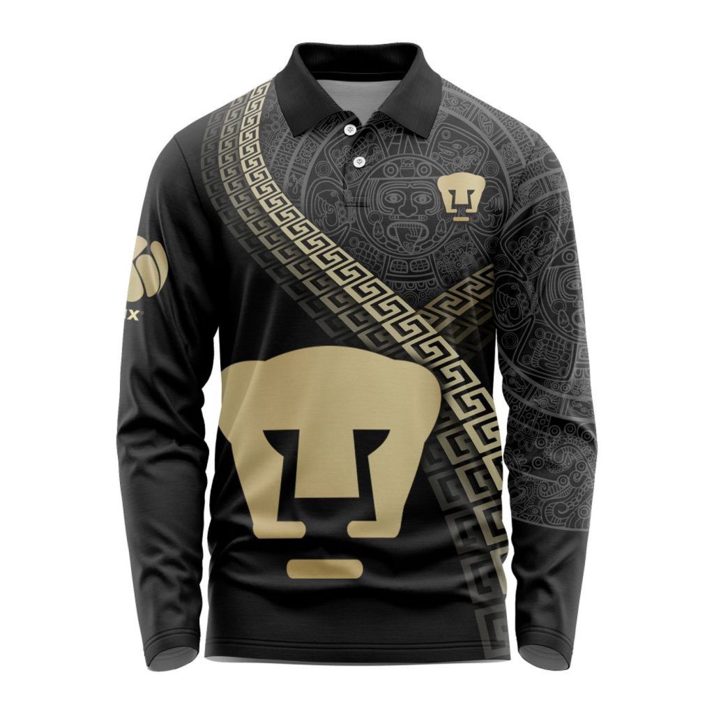 LIGA MX Pumas UNAM Special Black And Gold Long Sleeve Polo Design Gift for Men Women LIGA MX Pumas UNAM Special Black And Gold Long Sleeve Polo Design Gift for Men Women