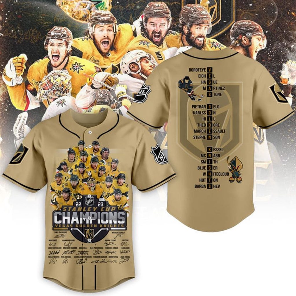 Vegas Golden Knights Stanley Cup Champions 2023 Gold Baseball Jersey Gift for Men Women Vegas Golden Knights Stanley Cup Champions 2023 Gold Baseball Jersey Gift for Men Women