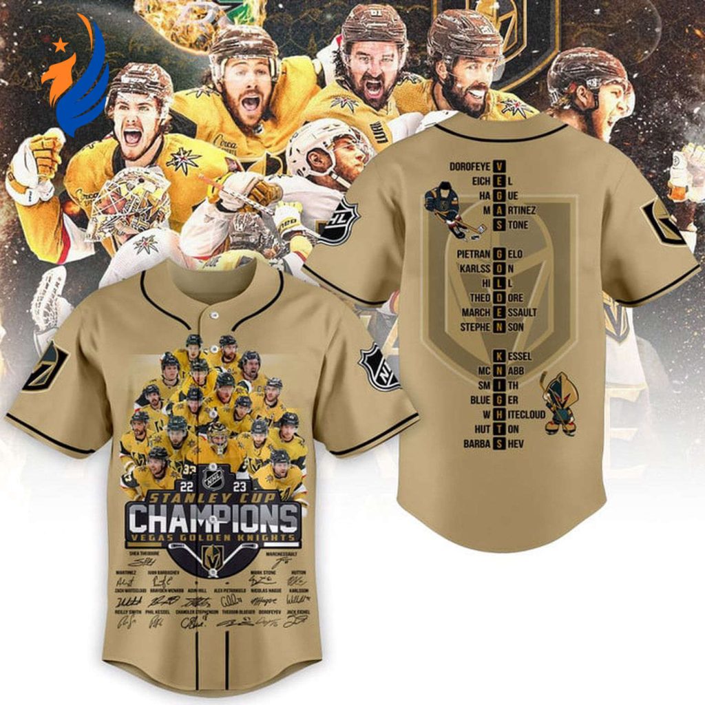 Vegas Golden Knights Stanley Cup Champions 2023 Gold Baseball Jersey Gift for Men Women Vegas Golden Knights Stanley Cup Champions 2023 Gold Baseball Jersey Gift for Men Women